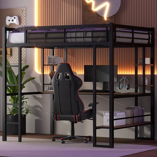 SOFTSEA Heavy-Duty Full Size Metal Loft Bed with Integrated Desk and Storage Shelves SOFTSEA