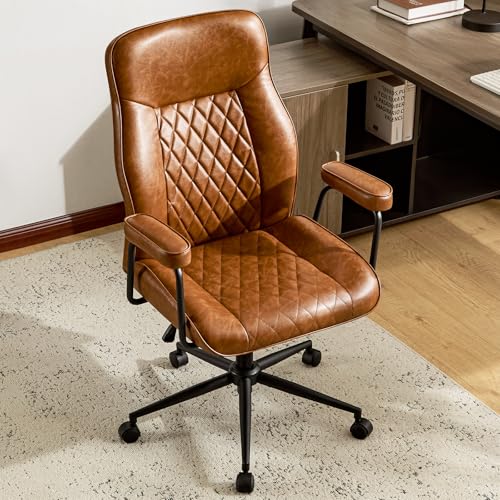 Furnistyle Leather Home Office Desk Chairs, Comfy Office Chair, Mid Century Modern Office Chair with Lumbar Support, Mid-Back Adjustable Swivel Computer Chair with Wheels and Arms, Brown Furnistyle