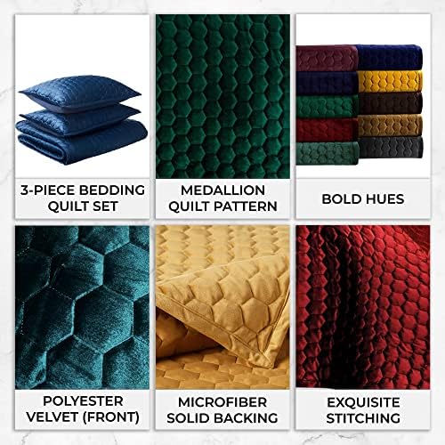 Tribeca Living Lugano Oversized Velvet Quilt Set - All Season, Extra Large, 3 Piece Queen Size Comforter Set with 2 Pillow Shams in Emerald Green Honeycomb Pattern 260GSM Tribeca Living