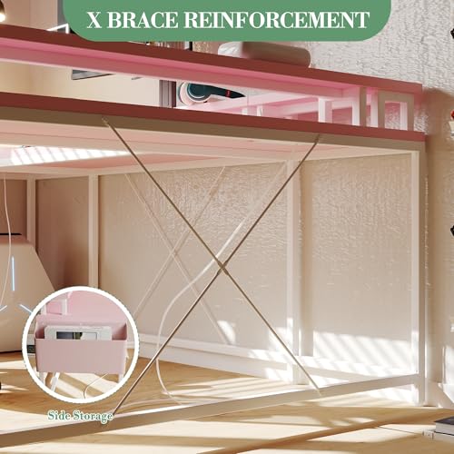 LALFPET U-Shaped Desk with Power Outlets & LED Lights - 79" Reversible Corner Computer Desk with Monitor Stand and Storage Shelf for Home Office, Gaming, and Two-Person Use, Pink LALFPET