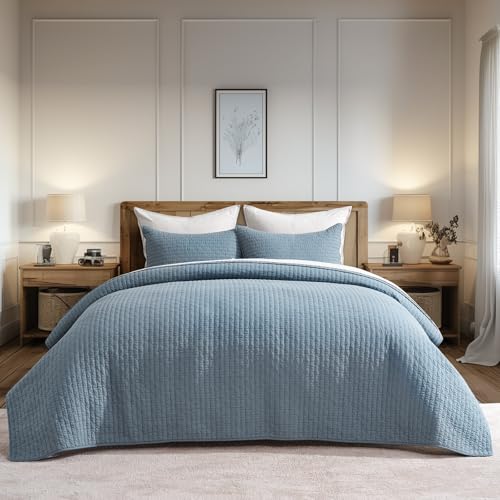 EVERGRACE x Kinsey Walsh Cross Stitch Pre-Washed Cotton Quilt Bedding Set Queen Size, Oversized 3 Pieces Lightweight Bedspread Coverlet for All Season, with 2 Matching Shams, Dusty Blue, 92"x96" EVERGRACEHOME