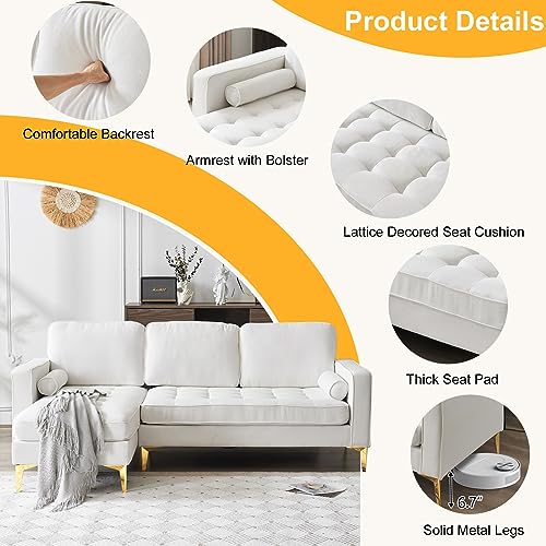 Karl home L-Shape Sectional Sofa Linen Fabric Sofa Couch Living Room Futon Couch with Reversible Chaise, Lattice Decored Seat Cushion, Beige Karl home