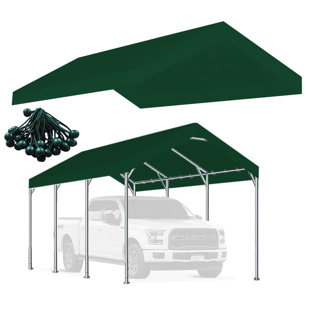 Rutile 12 x 20 FT Carport Replacement Cover, Heavy Duty Car Tarp Canopy Tent Replacement Top w/Ball Bungees Green (Only Top Cover, Frame is not Included) Rutile