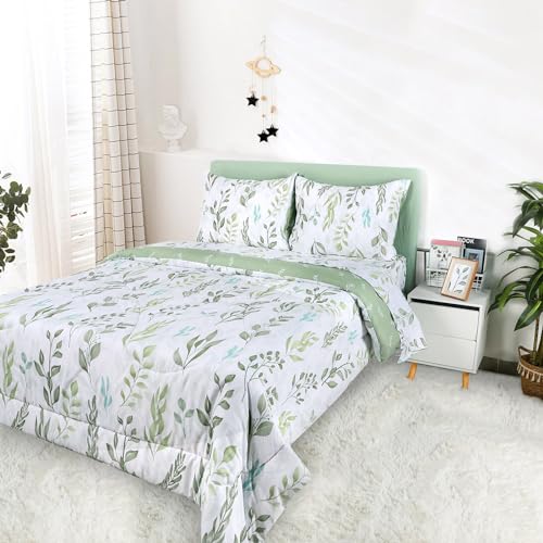 DILIMI Twin Comforter Set for Girls, Reversible 5 Pieces Comforter Twin Size Bed, Green Leaf Ultra Soft Twin Bedding Sets with Comforter, Flat Sheet, Fitted Sheet, 2 Pillowcase DILIMI