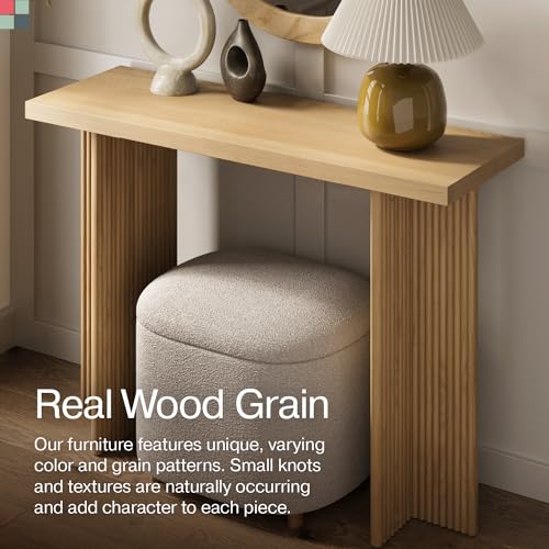 Stead Modern Console Table - Natural Oak, Fluted Solid Wood - Slim Entryway Table with Drawers & Curved Cross Base Stead