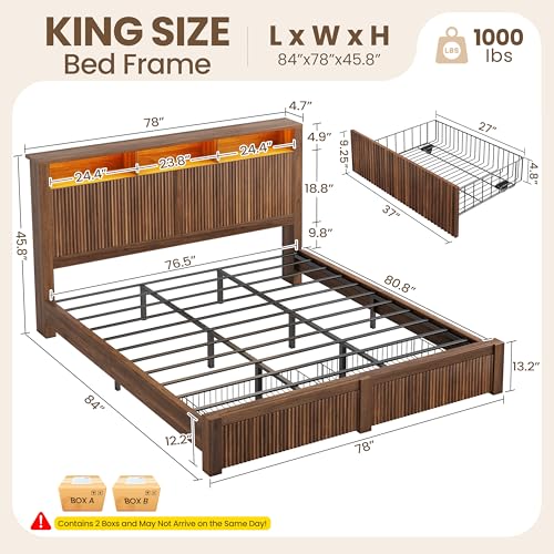 CypBed King Size Bed Frame and Headboard& 2 Storage Drawers, King Bed Frame with LED Light and Charging Port, Farmhouse Wavy Design, Wood & Metal Platform, Noise-Free, No Box Spring Needed, Walnut CypBed