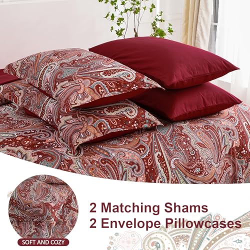 DJY Red Paisley Comforter Set Queen Size, 7 Piece Bed in a Bag Boho Paisley Pattern Comforter Set, Soft Lightweight Microfiber Reversible Bedding Set for All Season (90''x90'') DJY