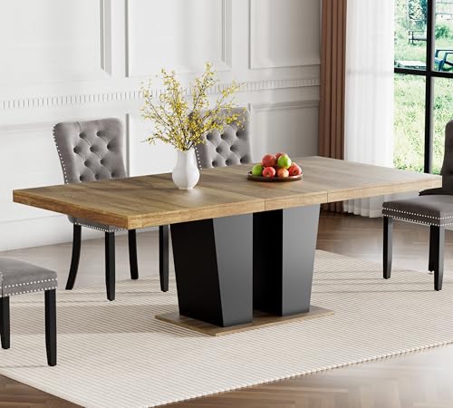 KUVADAZ 78.74" Extendable Dining Room Table for 6 8 10, Modern Farmhouse Wooden Long Large Rectangular Expanding Conference Kitchen Table with Dual Columns Base, Brown+Black KUVADAZ