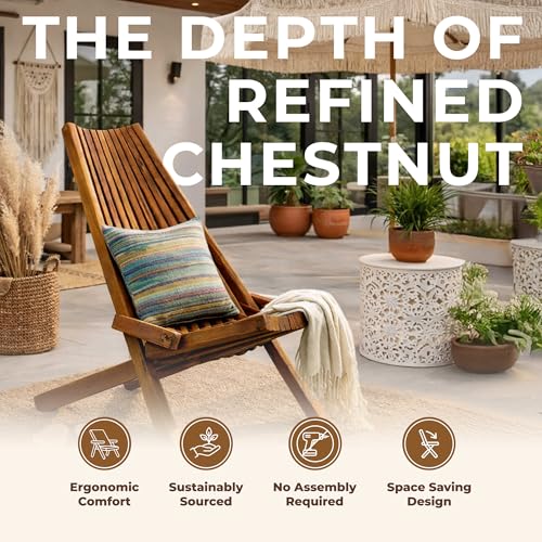 Melino Wooden Folding Tamarack Chairs, FSC Certified Acacia Low Profile Adirondack Chairs, Wood Folding Chair for Outdoor, Patio, Porch, Pool, Backyard, Garden, Balcony and Deck - Chestnut - Single