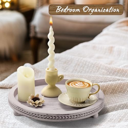 Handmade Wooden Serving Tray, Small Beaded Coffee Table Tray Decor, Grey Round Decorative Tray for Coffee Table, Dining Room Table Entryway and KULEDM