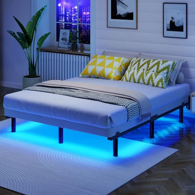 Awesofurni Full Size Bed Frame with Smart LED Lights, 7 Inch Basics Metal Bed Frame, Heavy Duty 9-Leg Base for Box Spring and Mattress, Noise-Free, Easy Assembly, Black