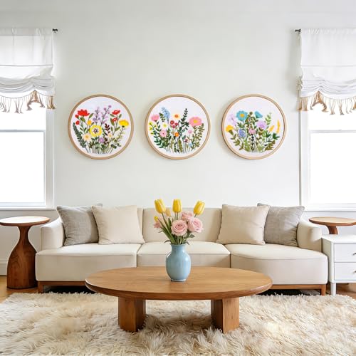 RIHYTFU 3 Pack Flower Embroidery Kits for Beginners, Adults Starter Cross Stitch Kit, DIY Sewing Needlepoint, Floral Plants Patterns Hand Stamped Embroidery Kits