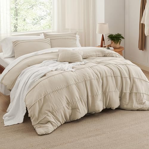 Bedsure Full Comforter Set - 4 Pieces Pinch Pleat Bed Set, Linen Boho Bedding for All Season, 1 Soft Comforter, 2 Pillowcases, 1 Decorative Pillow Bedsure