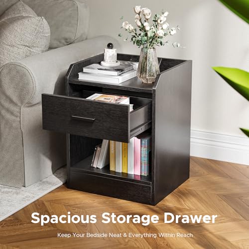 Lazzanto Nightstand with Hidden Drawer & Charging Station, Modern Bedside Table with Storage Drawer and Hidden Compartment, for Bedroom, AC Outlets, USB-A & USB-C Ports, Black Lazzanto