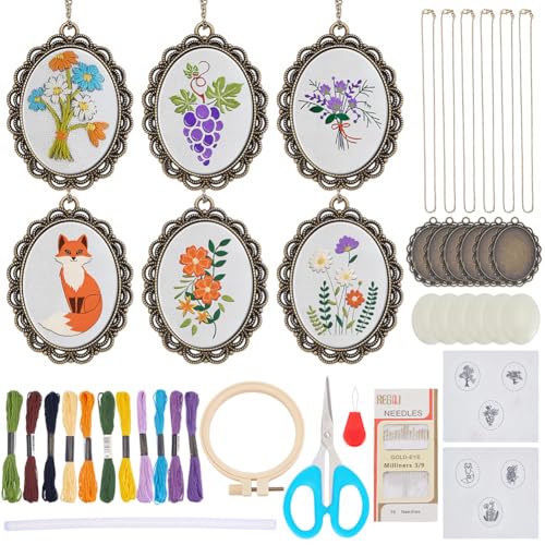 ACRNIGHEET 6Sets Flower Embroidery Pendant Kit, Mini Embroidery Kit for Adults, Animals Cross Stitch Kits for Beginner Include Hoop Stamped Floral Cloth Instructions, Adults Craft Kits Creative Gifts