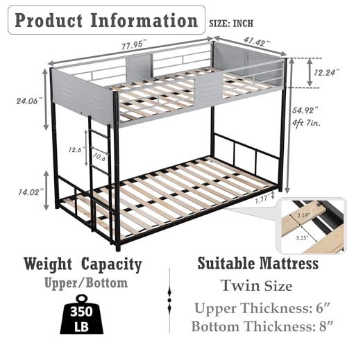 KMBOHE Metal Twin Over Twin Low Bunk Bed with Vent Board, Heavy Duty Steel Frame with Safety Guardrail and Noise Reducing Design, CPC Certified Bunk Bed for Kids and Teens, Black KMBOHE