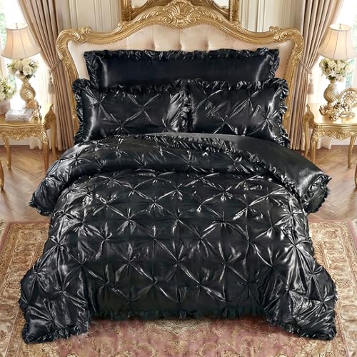 Bedbay Black Satin Comforter Queen Pinch Pleat Bedding Silk Like Satin Ruffled Duvet Set 4 Pcs with Black Ruffle Silky Body Pillow Cover Aesthetic Room Decor Luxury Satin Bedding Set for All Season Bedbay