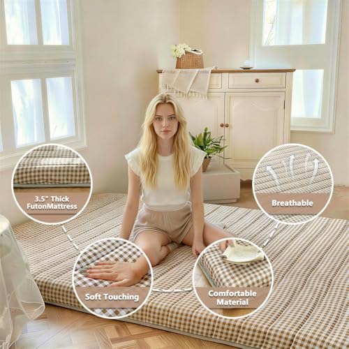 NSNLGSGC Tan Gingham Japanese Floor Mattress, 3.5" Thick High Density Foam Futon Mattress, Foldable Tatami Sleeping Pad for Adults & Kids, Roll Up Floor Bed for Dorm Guest Room, Twin Size 39" x 80" NSNLGSGC