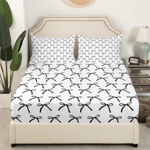 Cartoon Bowknot Kids Sheet King Size,Bow Tie Geometric Patchwork Modern Bedding Set,Girls Women Room Decor,Bow Butterfly Knot Black White Simple Bed Sheet Set 4pcs(Fitted + Flat + 2 Pillowcases) Manfei