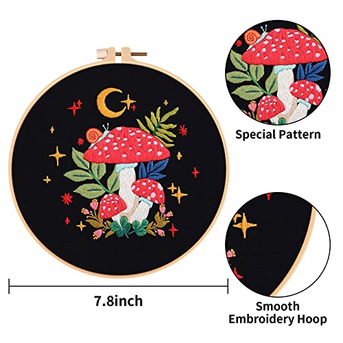 Nuberlic 3 Pack Embroidery Kit for Adults Beginners, Stamped Cross Stitch Starter Kit with Mushroom Patterns, Embroidery Hoops, Threads, Needles & Instructions, DIY Needlepoint Craft Gift