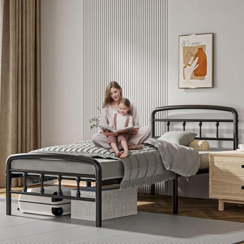 Blbeed Metal Twin Bed Frames,1500 Lbs Heavy Duty Bed Frames with Headboard,Noise-Free Design & 12" Underbed Storage,No Box Spring Needed/Tool-Free Assembly Blbeed