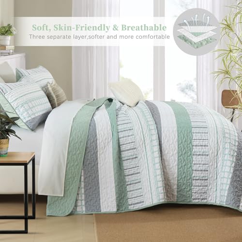 DJY Striped Quilt Set King Size, Sage Green Boho Bedspread Set 3 Pieces Patchwork Coverlet Bedding Set Lightweight Soft Microfiber for All Season (104"x90") DJY