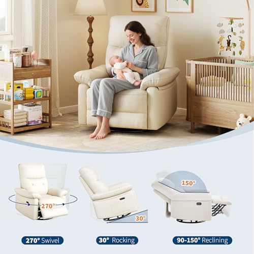 Garvee Power Recliner Chair with 270° Swivel and Rocking, Electric Glider Nursery Chair with USB Charging Port, PU Leather Upholstery and Button Tufted Backrest for Living Room, Cream