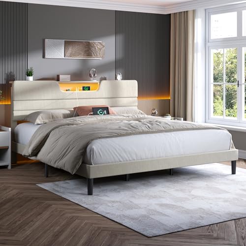 OURPIC King Size Bed Frames with Upholstered Headboard, Modern Platform Bed with Charging Station and Led Lights, Bed Frame with Sturdy Wooden Slats/No Box Spring Needed/2-Tier Storage, Beige OURPIC