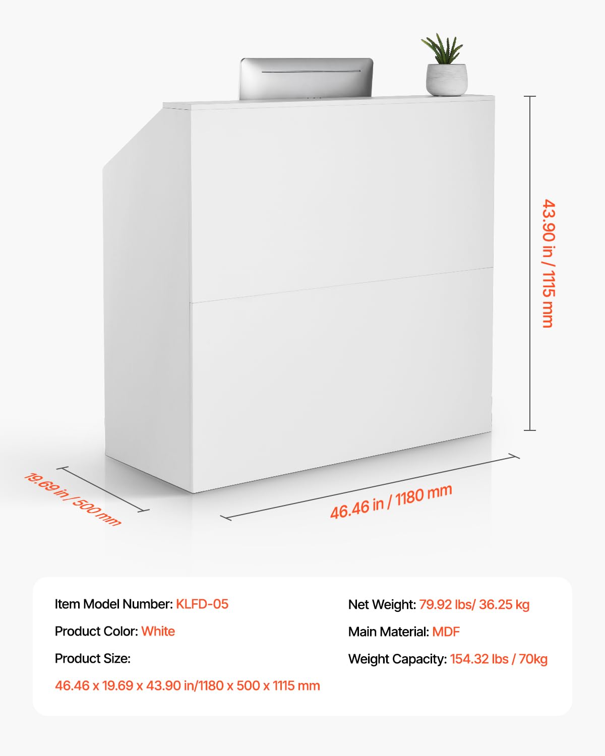 VEVOR Reception Desk, 46 Inch Rectangular Front Counter Table, Office Reception Desk, Retail Counter and Front Reception Counter, for Checkout, Lobby, Beauty Salon and Office, White VEVOR