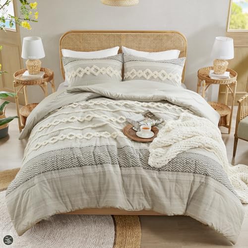 Hyde Lane Farmhouse Comforter Set Gray, Full/Queen Size Boho Bedding Sets, Cotton Top with Modern Neutral Style Clipped Jacquard Stripes, 3-Pieces Including Matching Pillow Shams (90x90 inches) Hyde Lane