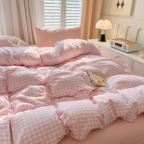 Nayoroom Gingham Duvet Cover Queen Size Pink White Plaid Checkered Comforter Cover 3 Pcs Soft Breathable Washed Microfiber Grid Farmhouse Bedding Set with Pillow Shams Nayoroom