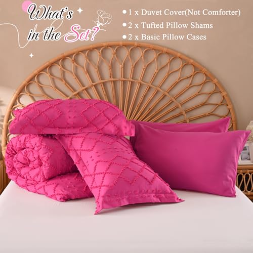 Manyshofu 5Pcs Boho Full Duvet Cover Set - Tufted Hot Pink Duvet Cover Pattern, Shabby Chic Boho Bedding Set Textured Comforter Covers with Embroidery Pillow Shams Manyshofu