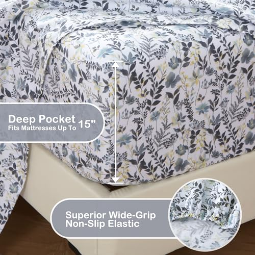 Mooreeke Cozy Vintage Microfiber Printed Twin Sheet Set - Soft Breathable Floral Bed Sheets with Deep Pocket - Non-Slip Fitted Design - Yellow Blue Gray Gradient Flowers Pattern Mooreeke
