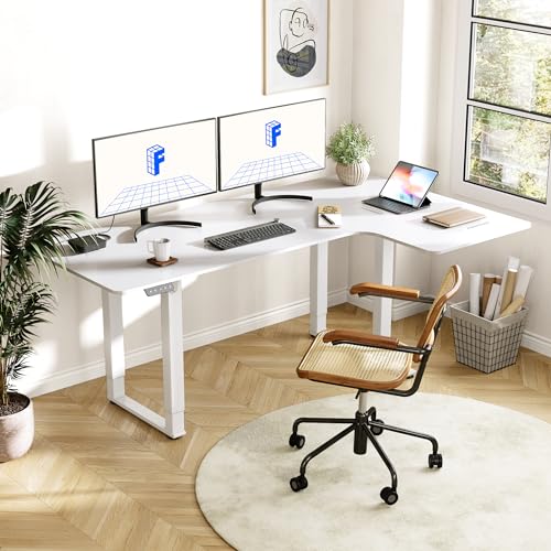 FLEXISPOT Dual Motor 4 Legs L Shaped Standing Desk Corner Desk Computer Electric Sit Stand Up Desk Height Adjustable Desk Home Office Table with Splice Board, 71x43 White FLEXISPOT