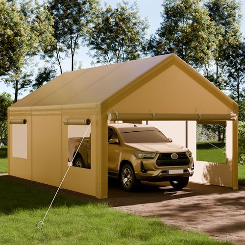 Shintenchi Carport 12' x 20' Heavy Duty Portable Garage, Car Port Canopy with Side-Opening Removable Door & Roll-Up Windows, Car Canopy for Truck,Car,Boat,Motorcycle,Khaki Shintenchi