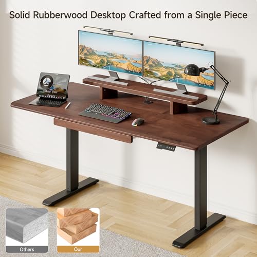 ONBRILL Standing Desk with Drawer, 47x23.6 Inches Solid Wood Desktop Stand Up Desk with Whole-Piece Board and Storage Shelf, Adjustable Height from 28-46 Inches for Home & Office, Black Walnut ONBRILL