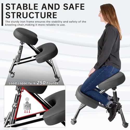 PU Leather Ergonomic Kneeling Chair, Adjustable Home and Office Stool with Thick Pads and Flexible Lockable Brake Wheels for Back Pain Relief(Dark Gray) DENGTELI