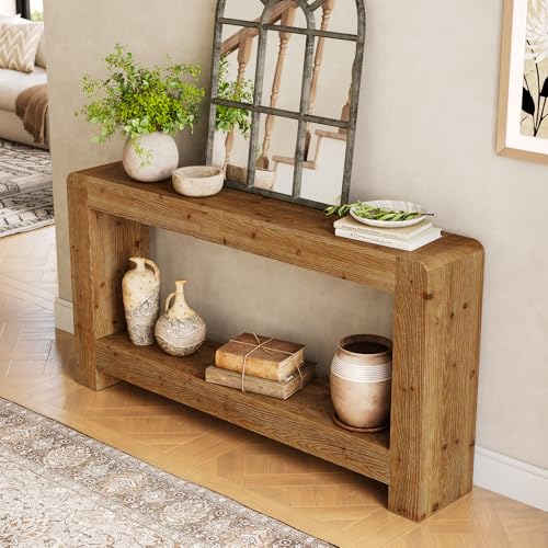 TRIBEWOOD Solid Wood Console Table with Storage, 63-Inch Farmhouse Entryway Table, 2-Tier Narrow Sofa Console Behind Couch, for Living Room, Hallway, Foyer, Rustic Brown TRIBEWOOD