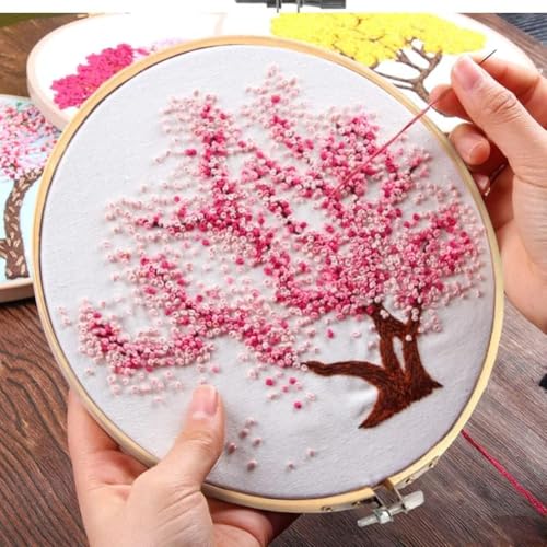 Arte Vita Embroidery Starter Kit Pink Pattern Full Range DIY Beginner Hand Stitch Set Including Stamped Cloth, Bamboo Hoop, Color Threads, Needles, Nature Cherry Blosson Tree