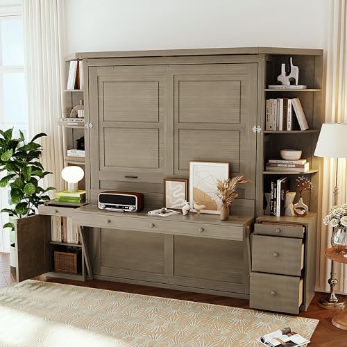 Queen Murphy Bed with Desk,Storage Shelves and LED Lights,Wood Hidden Folding Farmhouse Murphy Wall Bed with Storage Cabinets Bookcase Drawers & Shelves for Adults,Space-Saving (Queen,Natural Wood) MERITLINE