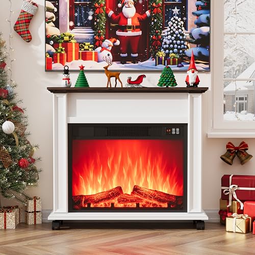Electric Fireplace with Mantel, Farmhouse Electric Fireplaces TV Stand, White Fireplace Entertainment Center with 23 inch Heater and Removable Roller for Living Room, Bedroom HDDDZSW
