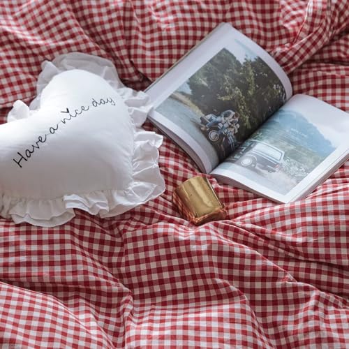 mixinni Red Gingham Comforter Set Full, Plaid Comforter Set 3 Pieces 1 Red Grid Comfoter with 2 Pillow Cases for All Seasons, Soft Fluffy Modern Grid Pattern Printed Bedding-Full Size mixinni