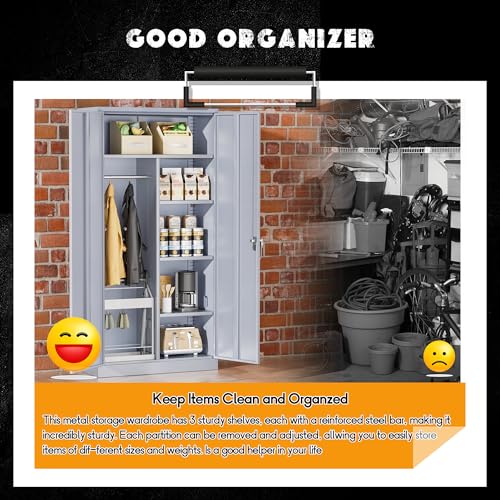 Greenvelly Metal Wardrobe Closet with Doors and Hanging Rod, 72” Lockable Steel Storage Wardrobe Bedroom Storage Cabinet, Clothes Closet for Home, Office and Bedroom, School,Gym(Dark Gray) Greenvelly