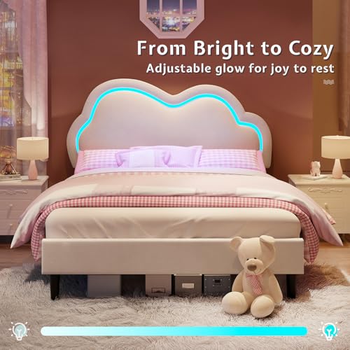 Jocisland Twin Bed Frame for Girls with Adjustable Cloud Headboard, Velvet Upholstered & RGB Lights, 7.1" Underbed Storage, No Box Spring Needed, Cream Jocisland