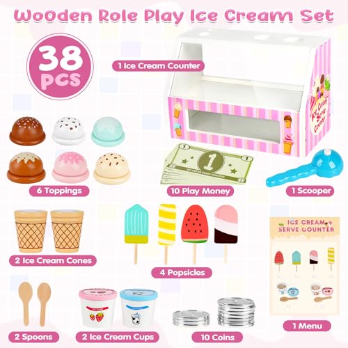 Dreamon Ice Cream Counter Playset for Kids, 38 PCS Wooden Ice Cream Set Shop for Toddlers 3-5, Toddler Pretend Play Toy, Christmas Birthday Gift for Boys and Girls Dreamon