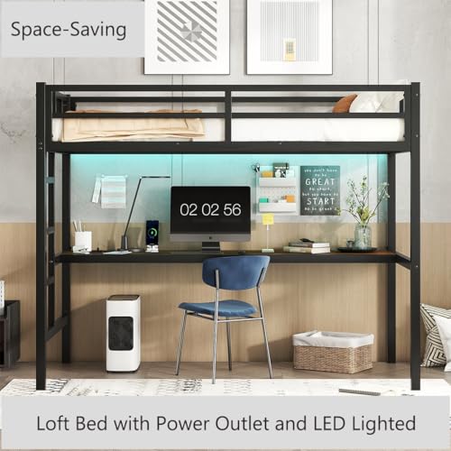 Anwick Metal Loft Bed with Stairs,Bunk Bed with Desk and Guardrail for Kids Boys Girls,Loft Bed Frame with Charging Outlet & LED Lights,Noise-Free, Black (Twin XL) Anwick