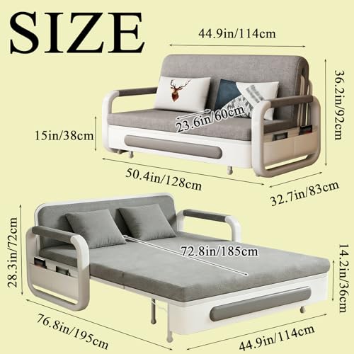 Horseo Pull-Out Sofa Daybed, Foldable Convertible Couch Bed with Hidden Compartment, Solid Wood and Sturdy Metal Frame & Easy Assembly, for Living Room, Guest Room (Light Grey, 50.4"-Standard) Horseo