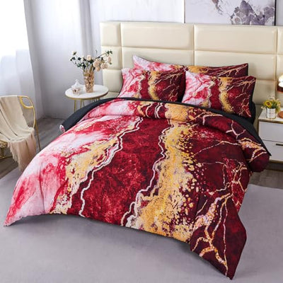 PERFEMET 6-Piece Marble Queen Comforter Red and Gold Bed in A Bag Set Abstract Burning Mountain Marble Bed Comforter Set Soft Luxury Retro Artwork Tie Dye Bed Set(Red, Queen)