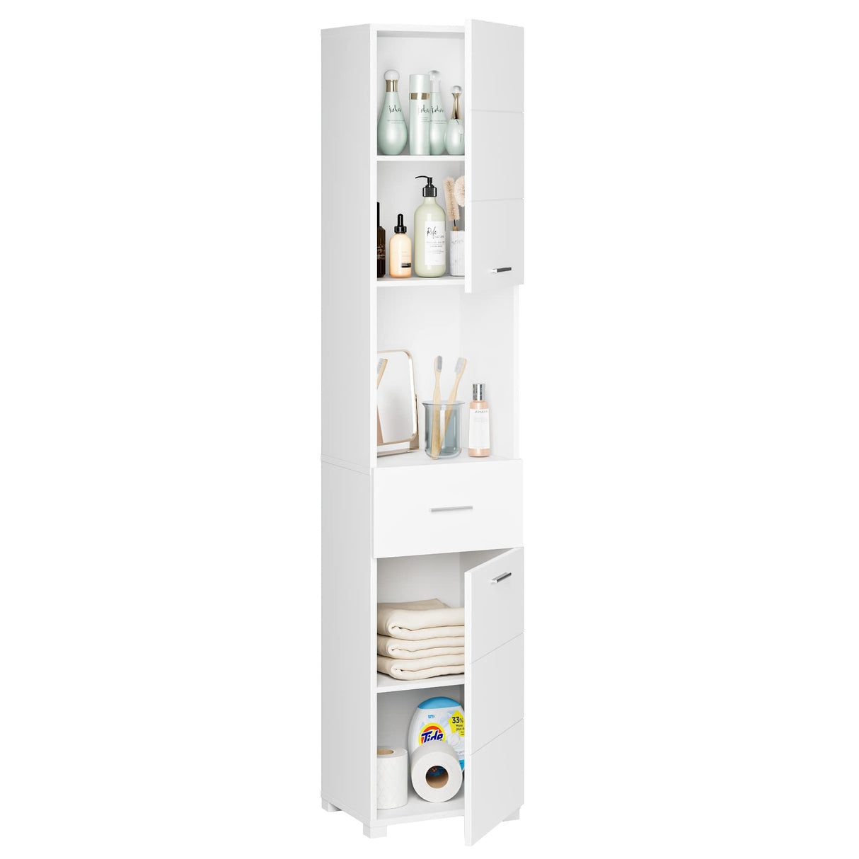 FOTOSOK 71" Elegant White Storage Cabinet with 6-Tier Display Shelf and Doors FOTOSOK