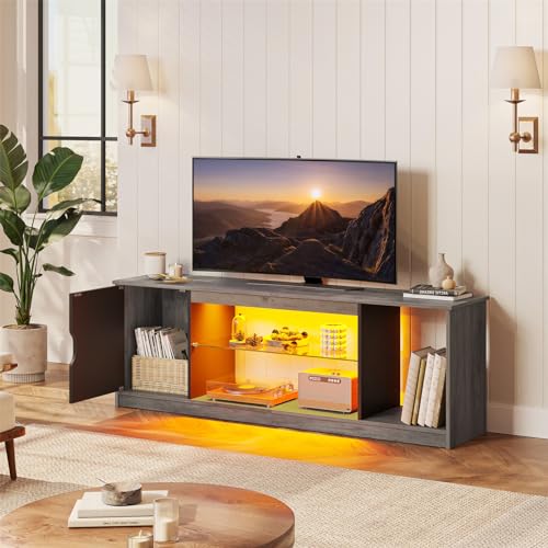Bestier LED TV Stand for 55/60/65 Inch TV, Gaming Entertainment Center with Cabinet for PS5, Modern TV Cabinet with Adjustable Glass Shelves for Living Room, Bedroom 58 Inch, Grey Wash Bestier